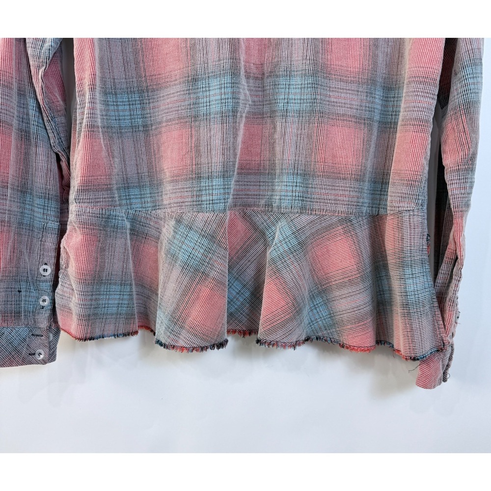 We the Free Plaid Ribbed Button Up Shirt Womens M Pink Blue Raw Hem Ruffle Back - Picture 4 of 10
